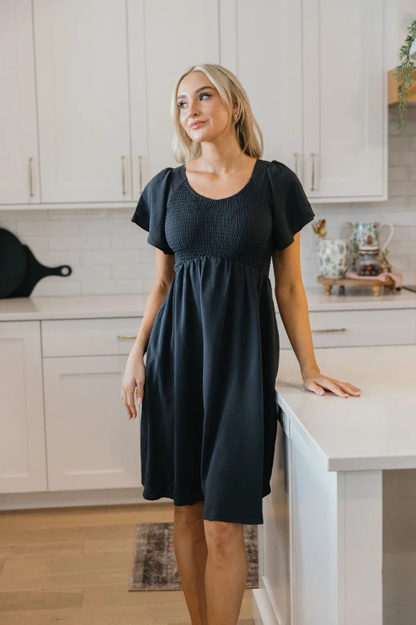 THE LIV KNEE LENGTH DRESS - SMOKY BLUE