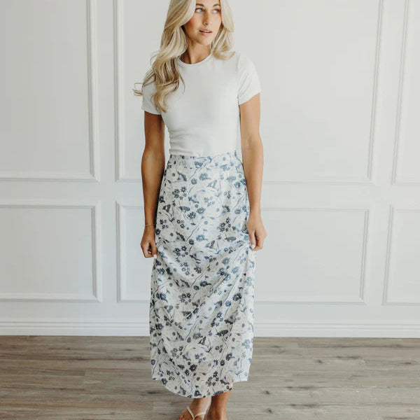 MAY MAXI FLORAL SKIRT - WASHED DENIM PRINT