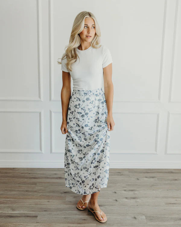 MAY MAXI FLORAL SKIRT - WASHED DENIM PRINT