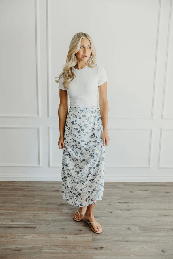 MAY MAXI FLORAL SKIRT - WASHED DENIM PRINT