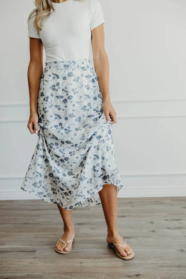 MAY MAXI FLORAL SKIRT - WASHED DENIM PRINT