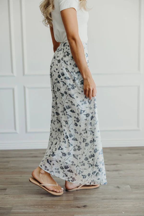 MAY MAXI FLORAL SKIRT - WASHED DENIM PRINT