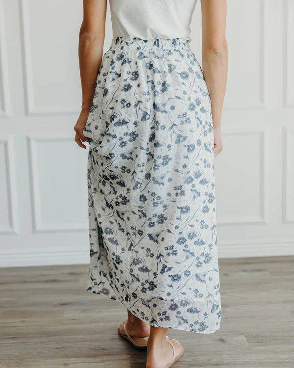 MAY MAXI FLORAL SKIRT - WASHED DENIM PRINT