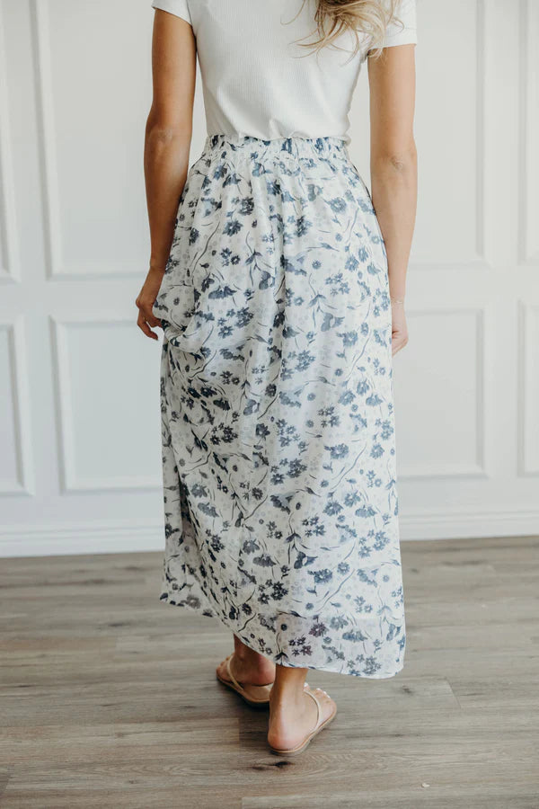 MAY MAXI FLORAL SKIRT - WASHED DENIM PRINT