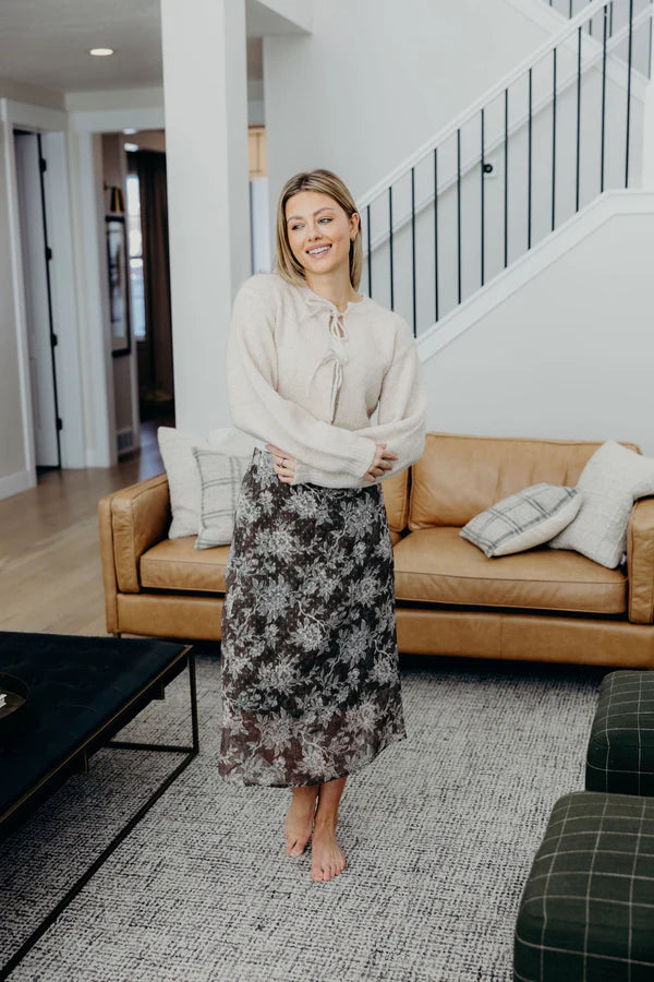 BOW FRONT CARDIGAN - HEATHERED OATMEAL