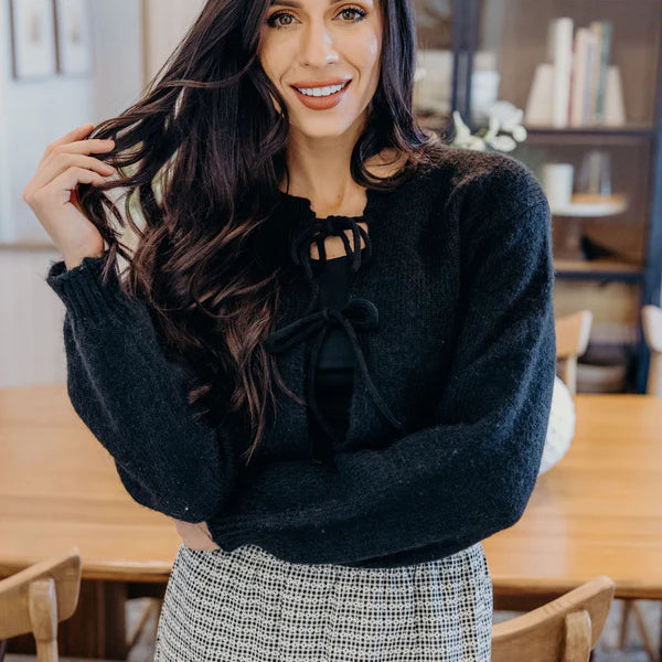 BOW FRONT CARDIGAN - BLACK