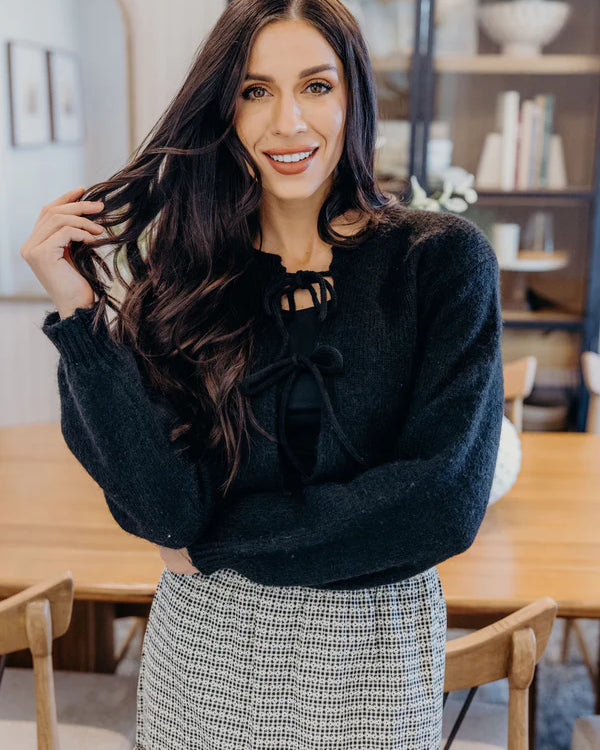 BOW FRONT CARDIGAN - BLACK