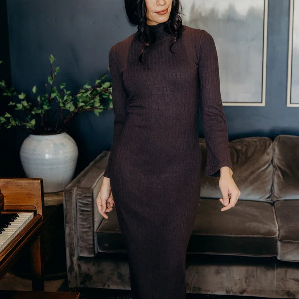 THE BOSTON FITTED RIBBED DRESS - SMOKY WALNUT