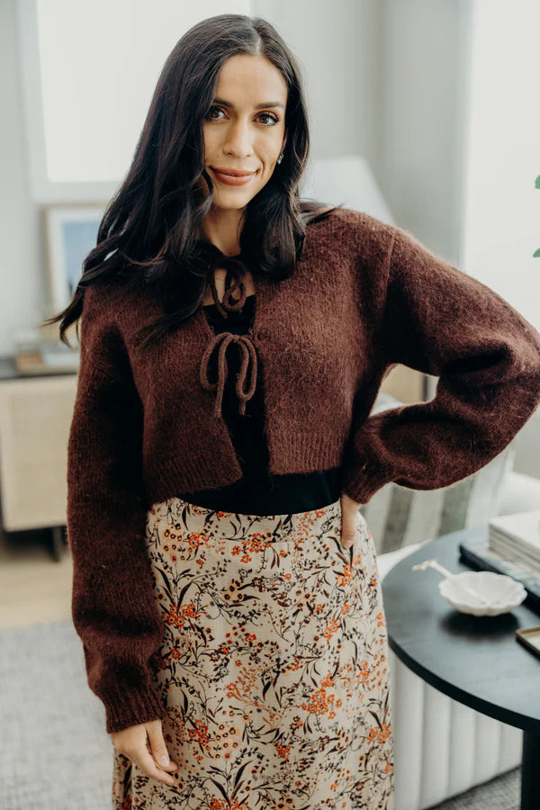 BOW FRONT CARDIGAN - FOXY BROWN