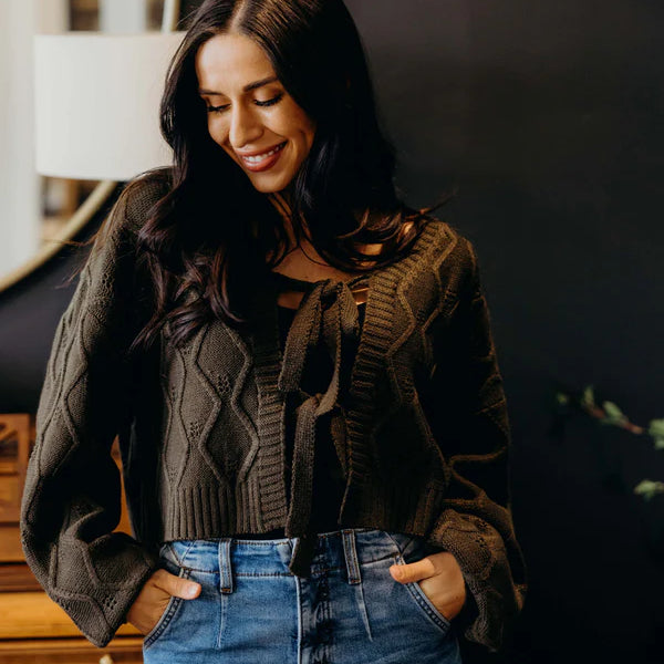 TIE LONG SLEEVE CARDIGAN - THYME LEAF