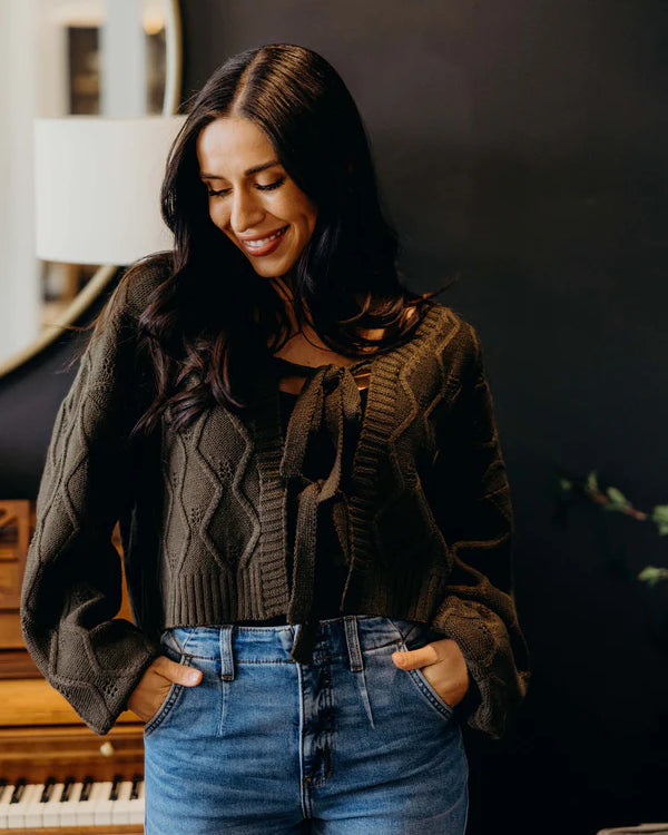 TIE LONG SLEEVE CARDIGAN - THYME LEAF