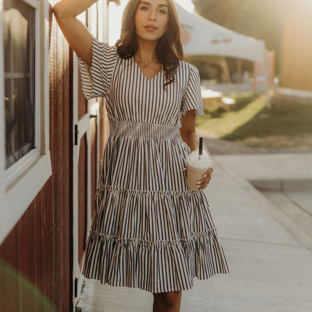 THE JEMMA STRIPED DRESS - CHARCOAL