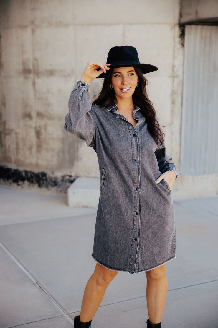 THE NORA DENIM DRESS - FADED BLACK