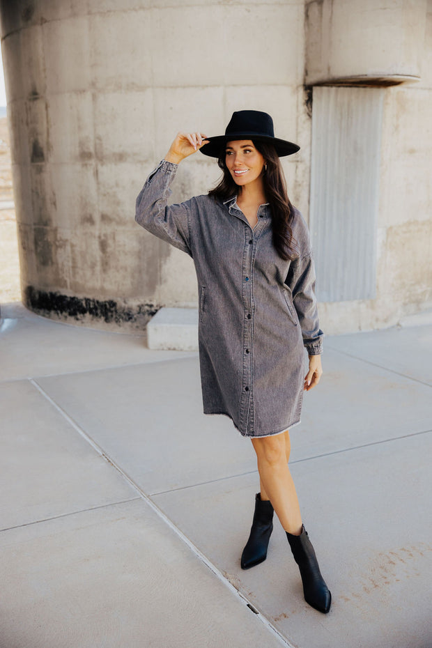 THE NORA DENIM DRESS - FADED BLACK