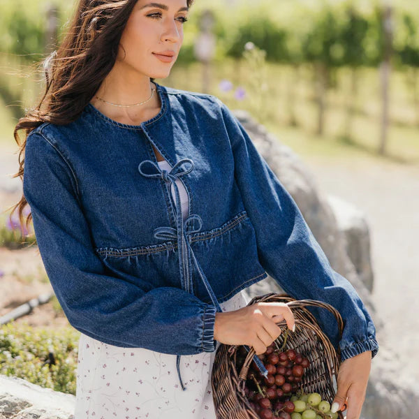 BOW CROPPED JACKET - BLUE DENIM