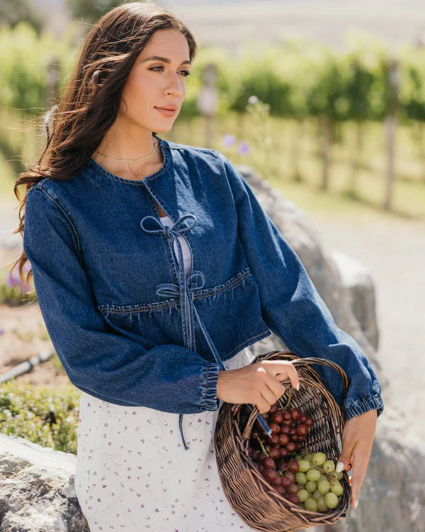 BOW CROPPED JACKET - BLUE DENIM