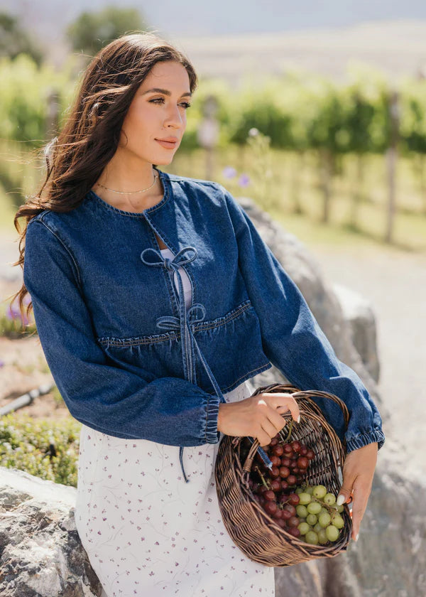 BOW CROPPED JACKET - BLUE DENIM