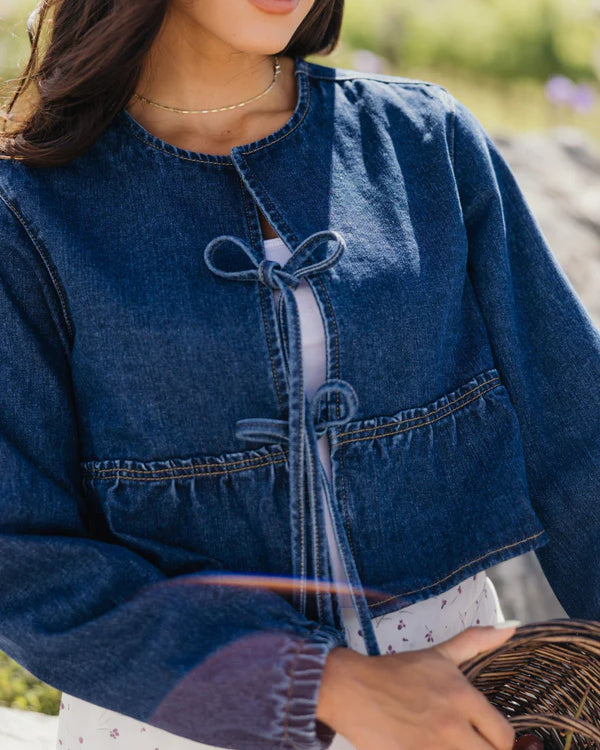 BOW CROPPED JACKET - BLUE DENIM