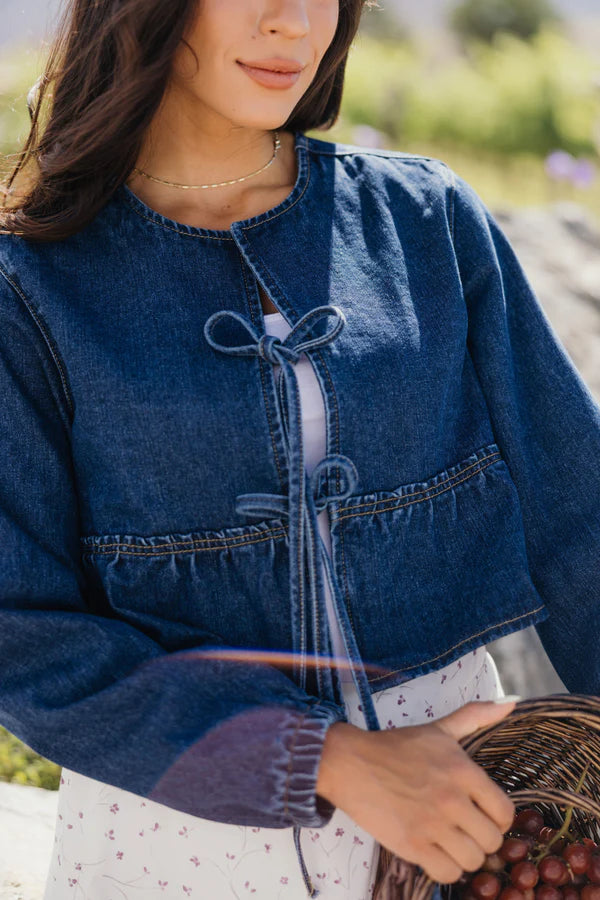 BOW CROPPED JACKET - BLUE DENIM