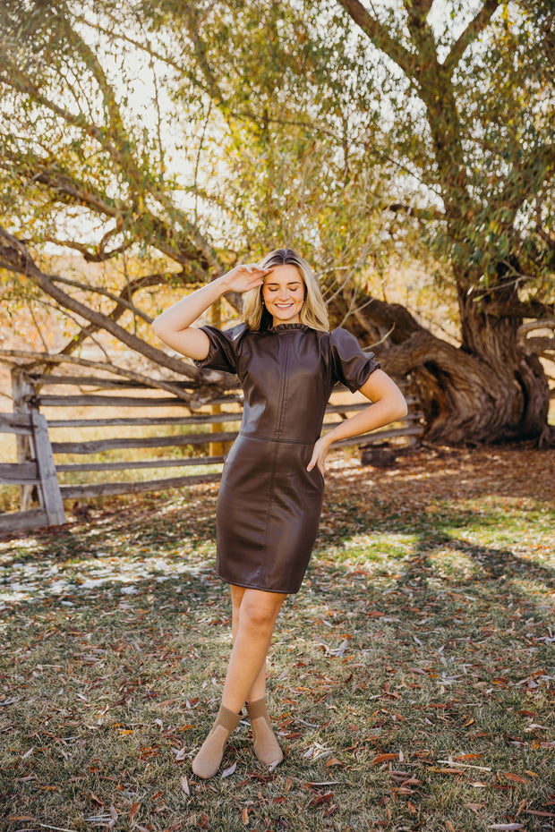 THE SOLUNE FAUX LEATHER DRESS - CHESTNUT