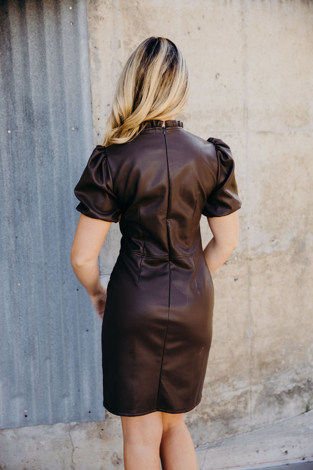 THE SOLUNE FAUX LEATHER DRESS - CHESTNUT