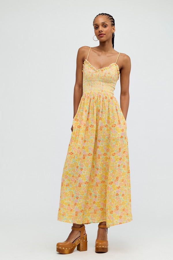 FREE PEOPLE SWEET NOTHINGS MIDI DRESS - LEMON ICING COMBO