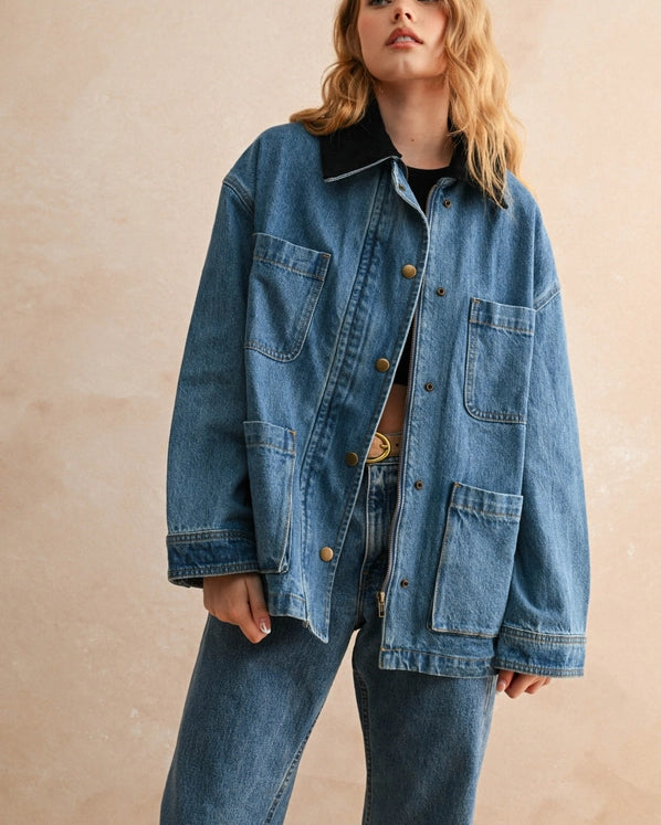 CORDUROY COLLAR DENIM UTILITY JACKET - DARK WASH