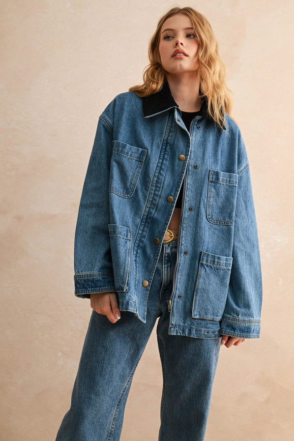 CORDUROY COLLAR DENIM UTILITY JACKET - DARK WASH
