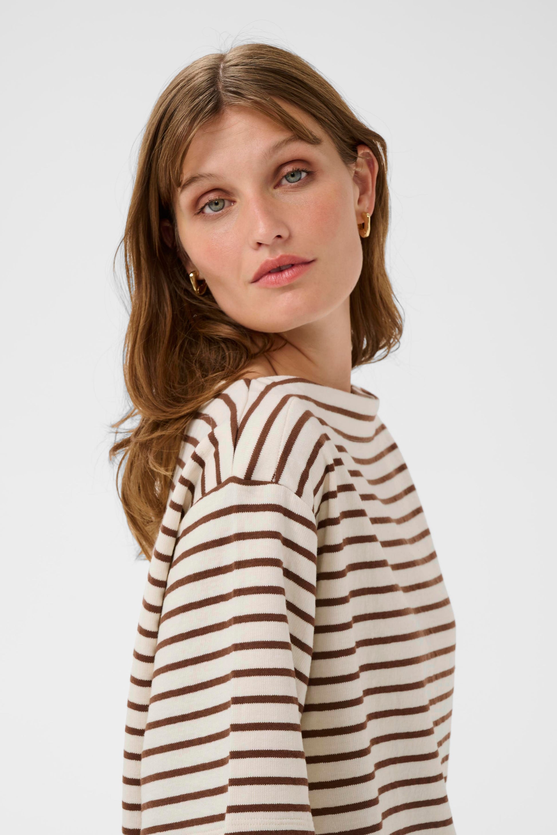 SOAKED INGINA BOATNECK TEE - WHITE + BROWN STRIPES