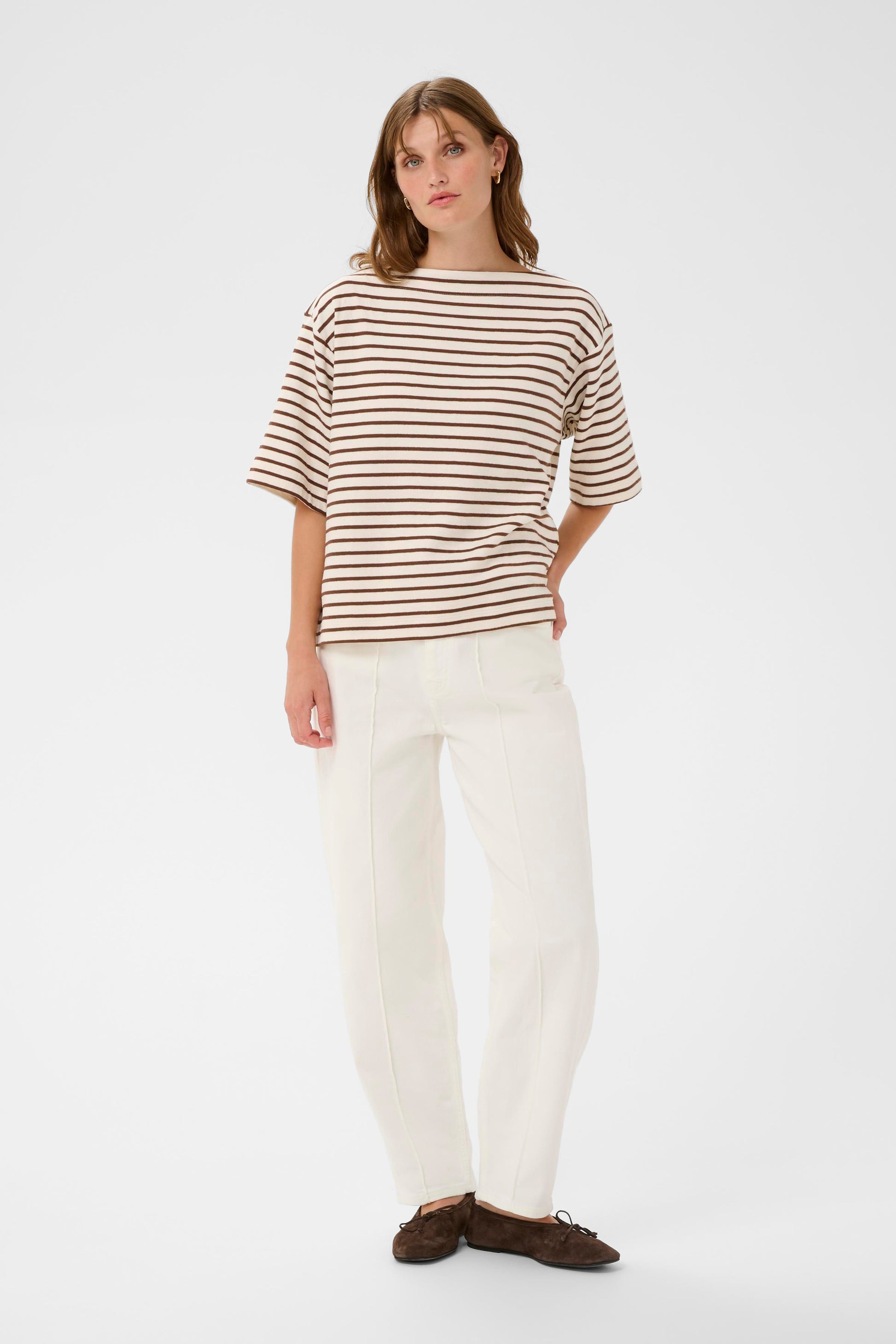 SOAKED INGINA BOATNECK TEE - WHITE + BROWN STRIPES