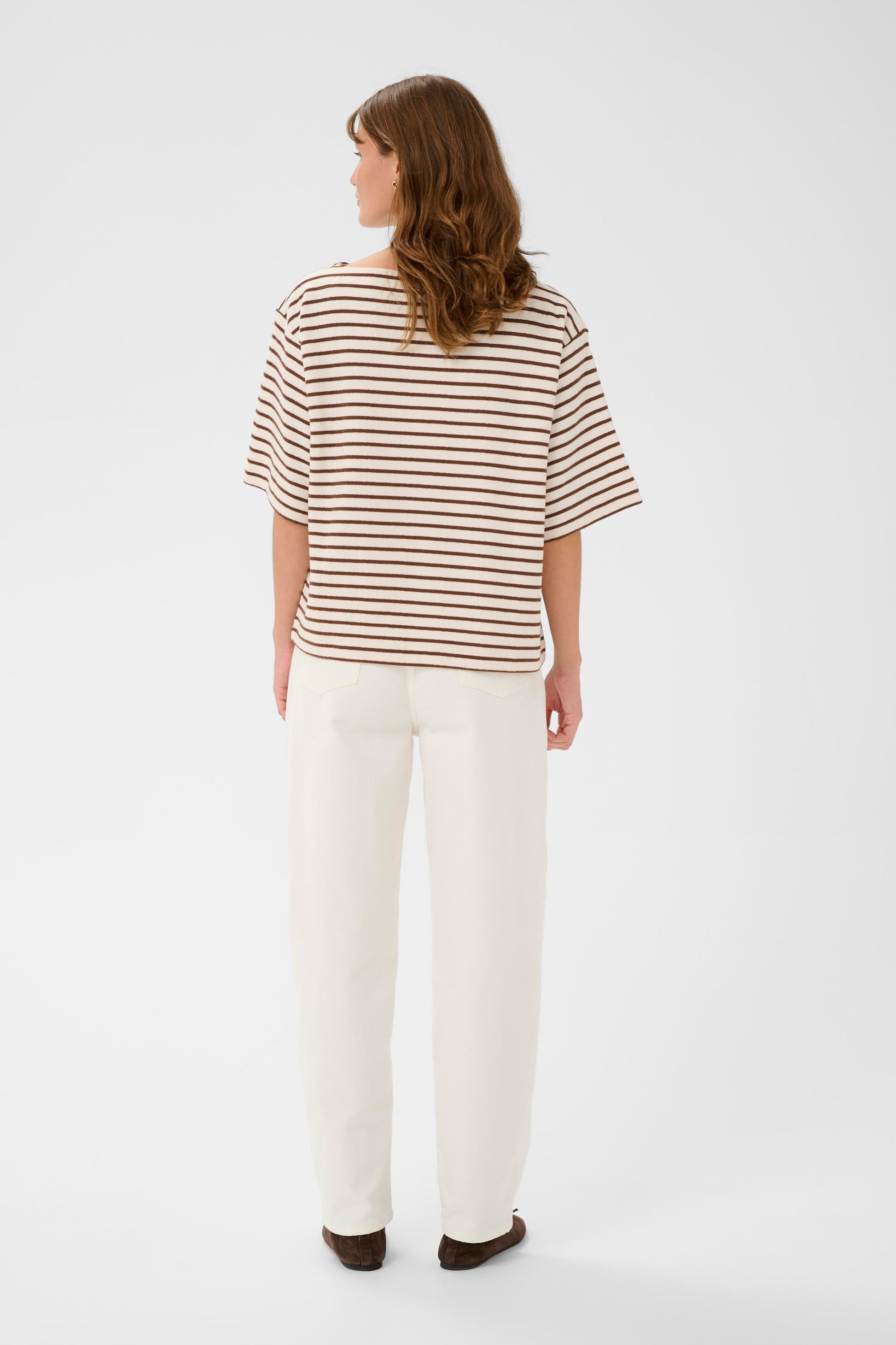 SOAKED INGINA BOATNECK TEE - WHITE + BROWN STRIPES