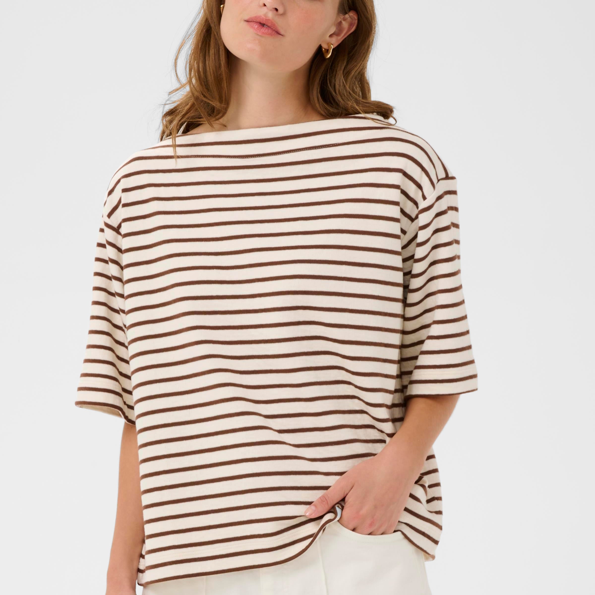SOAKED INGINA BOATNECK TEE - WHITE + BROWN STRIPES