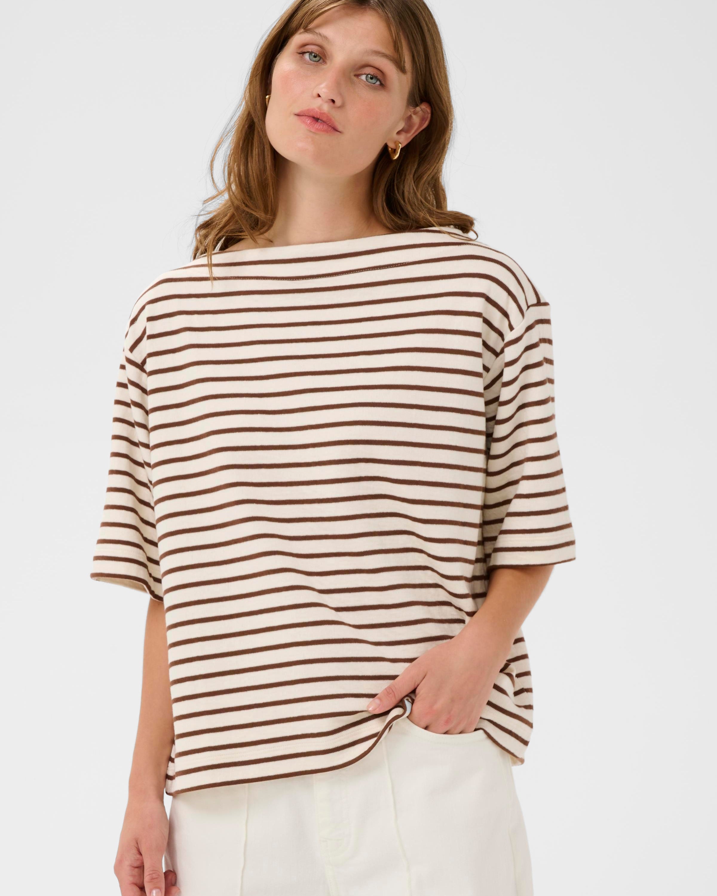 SOAKED INGINA BOATNECK TEE - WHITE + BROWN STRIPES