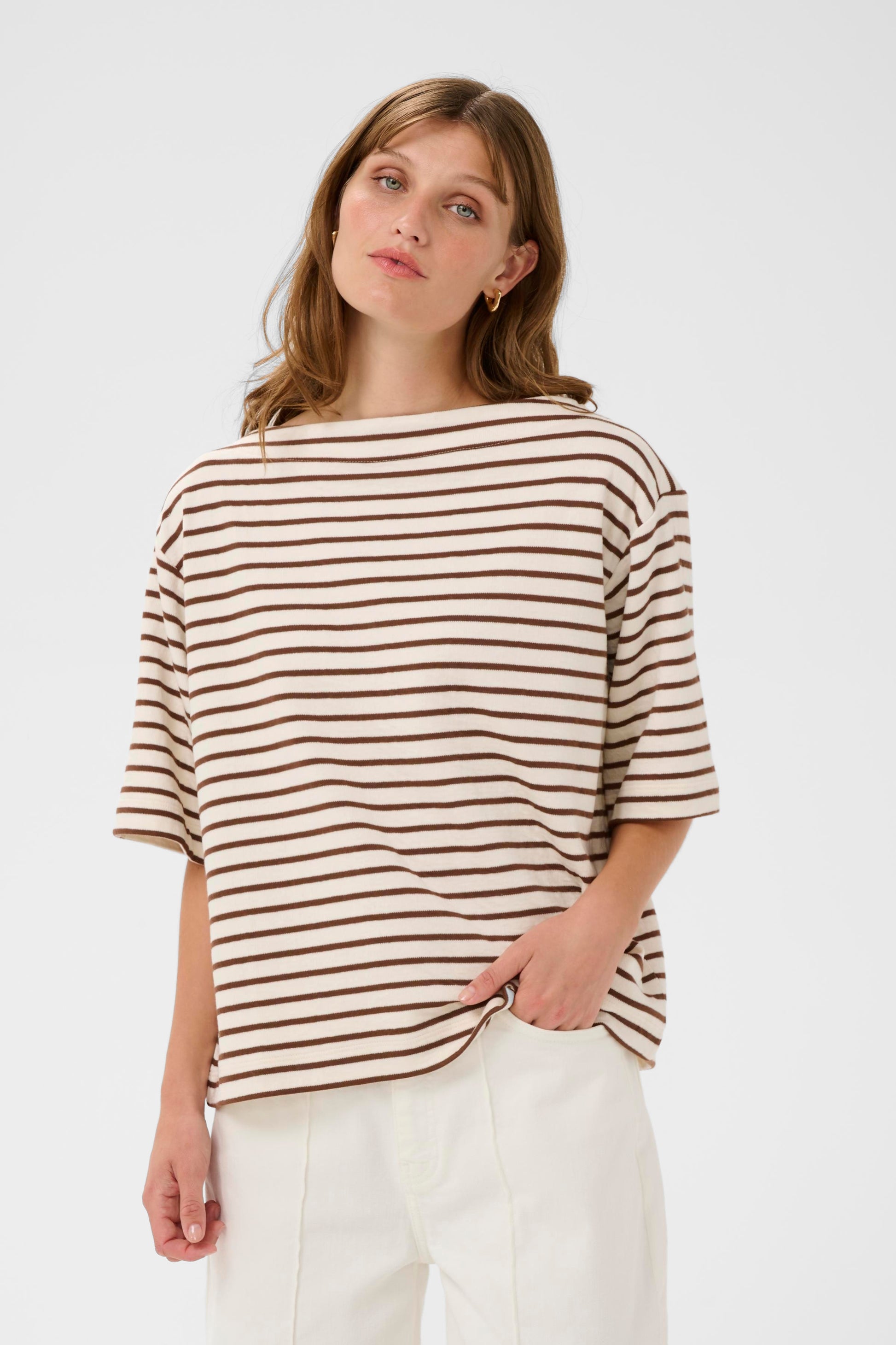 SOAKED INGINA BOATNECK TEE - WHITE + BROWN STRIPES