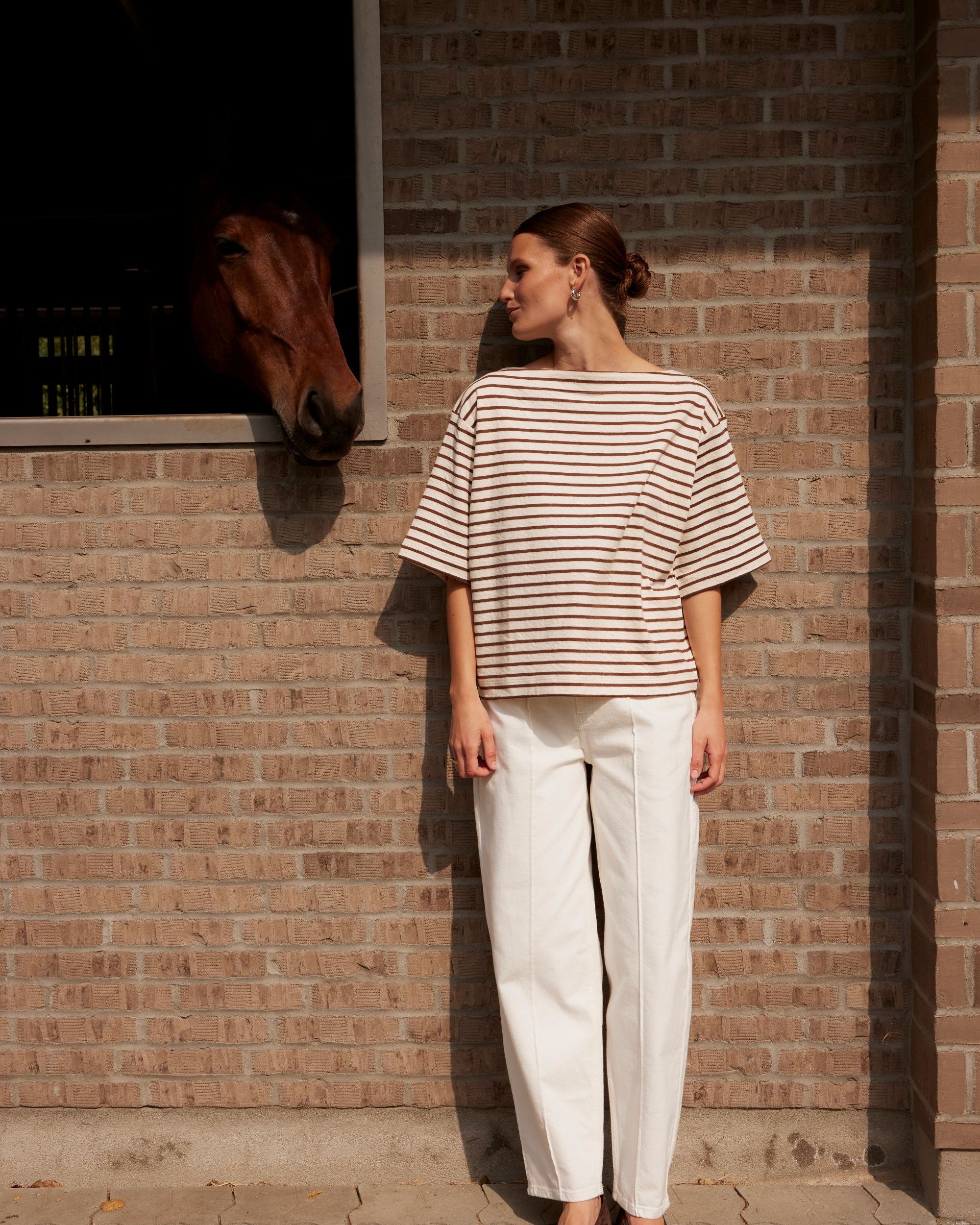 SOAKED INGINA BOATNECK TEE - WHITE + BROWN STRIPES
