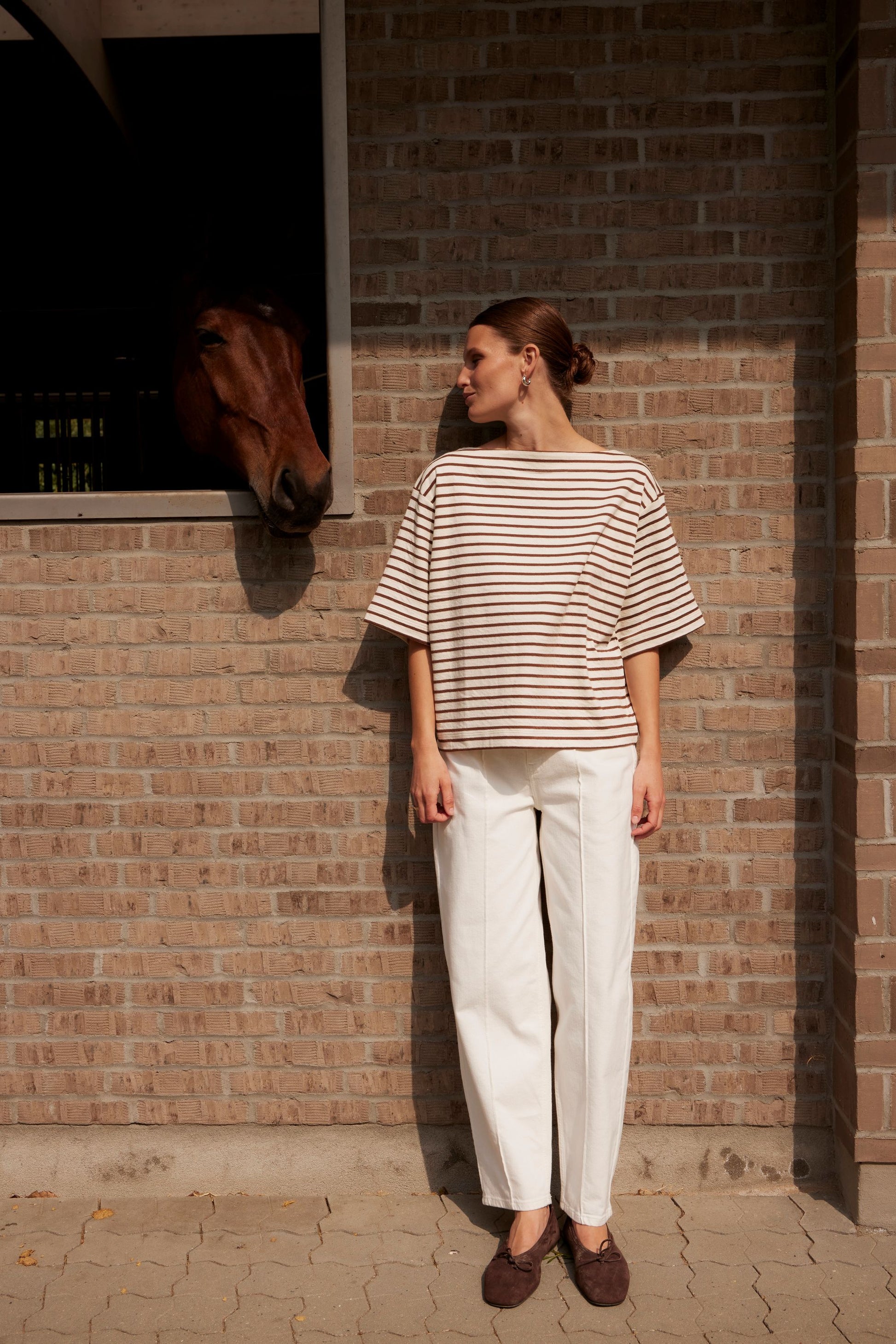 SOAKED INGINA BOATNECK TEE - WHITE + BROWN STRIPES
