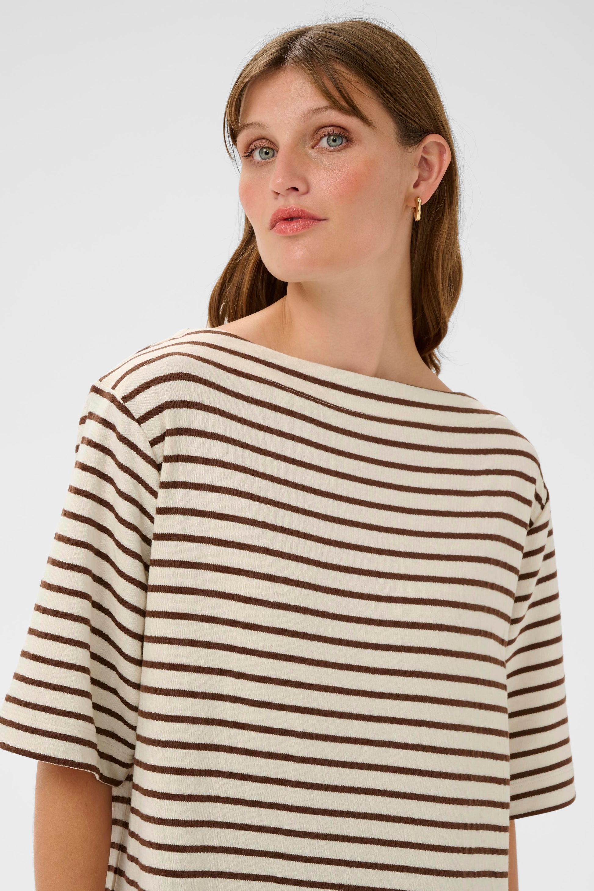 SOAKED INGINA BOATNECK DRESS - WHITE + BROWN STRIPES