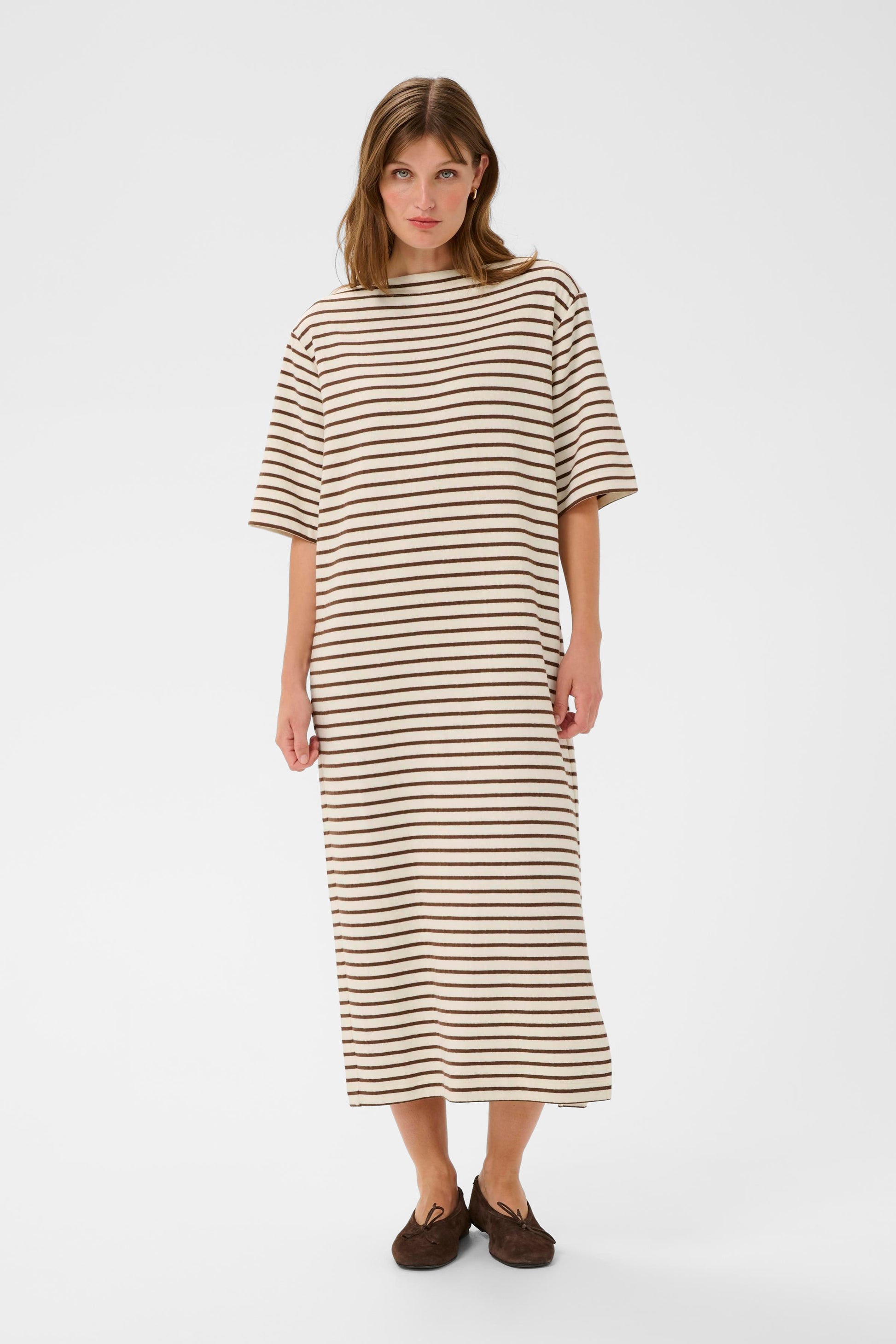 SOAKED INGINA BOATNECK DRESS - WHITE + BROWN STRIPES