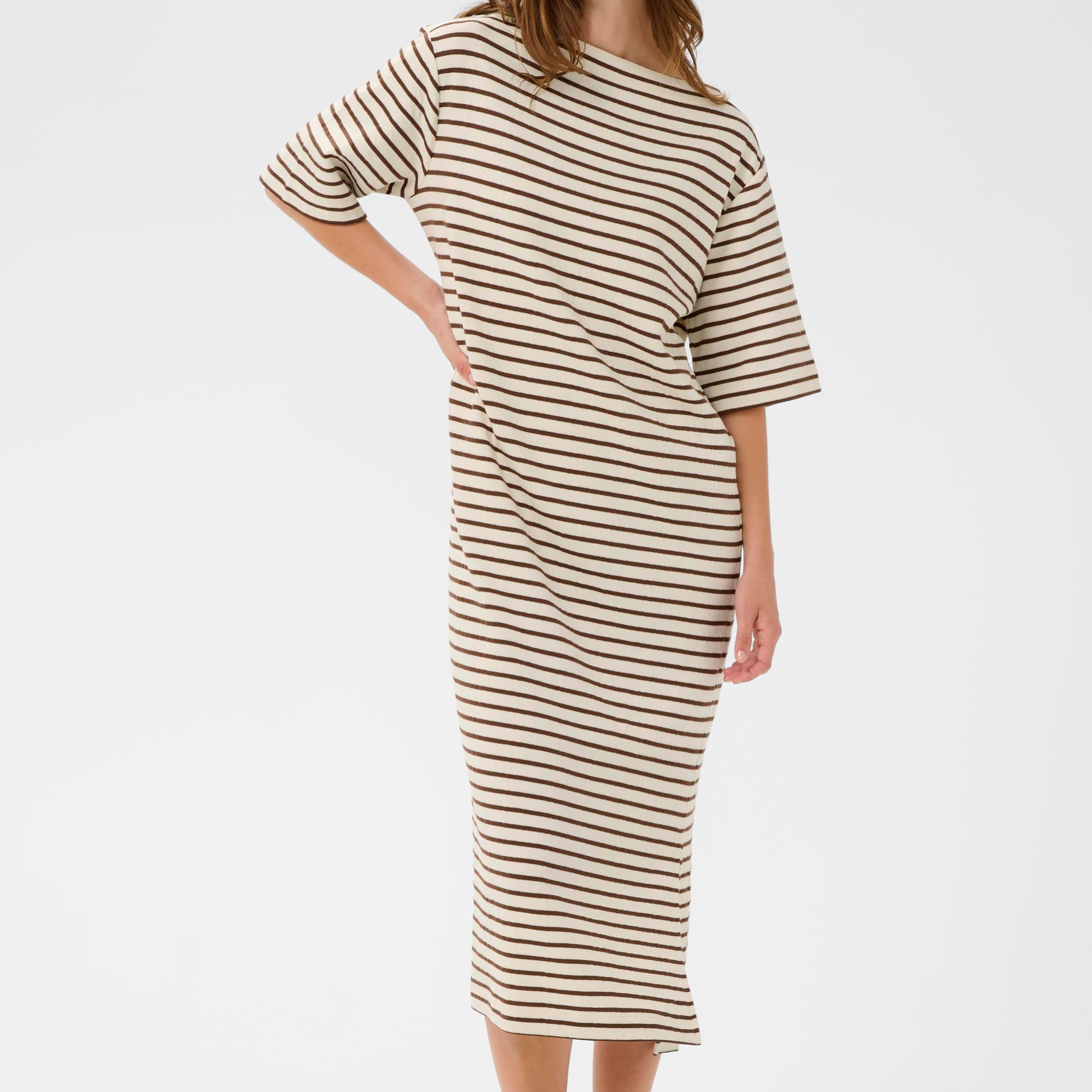 SOAKED INGINA BOATNECK DRESS - WHITE + BROWN STRIPES