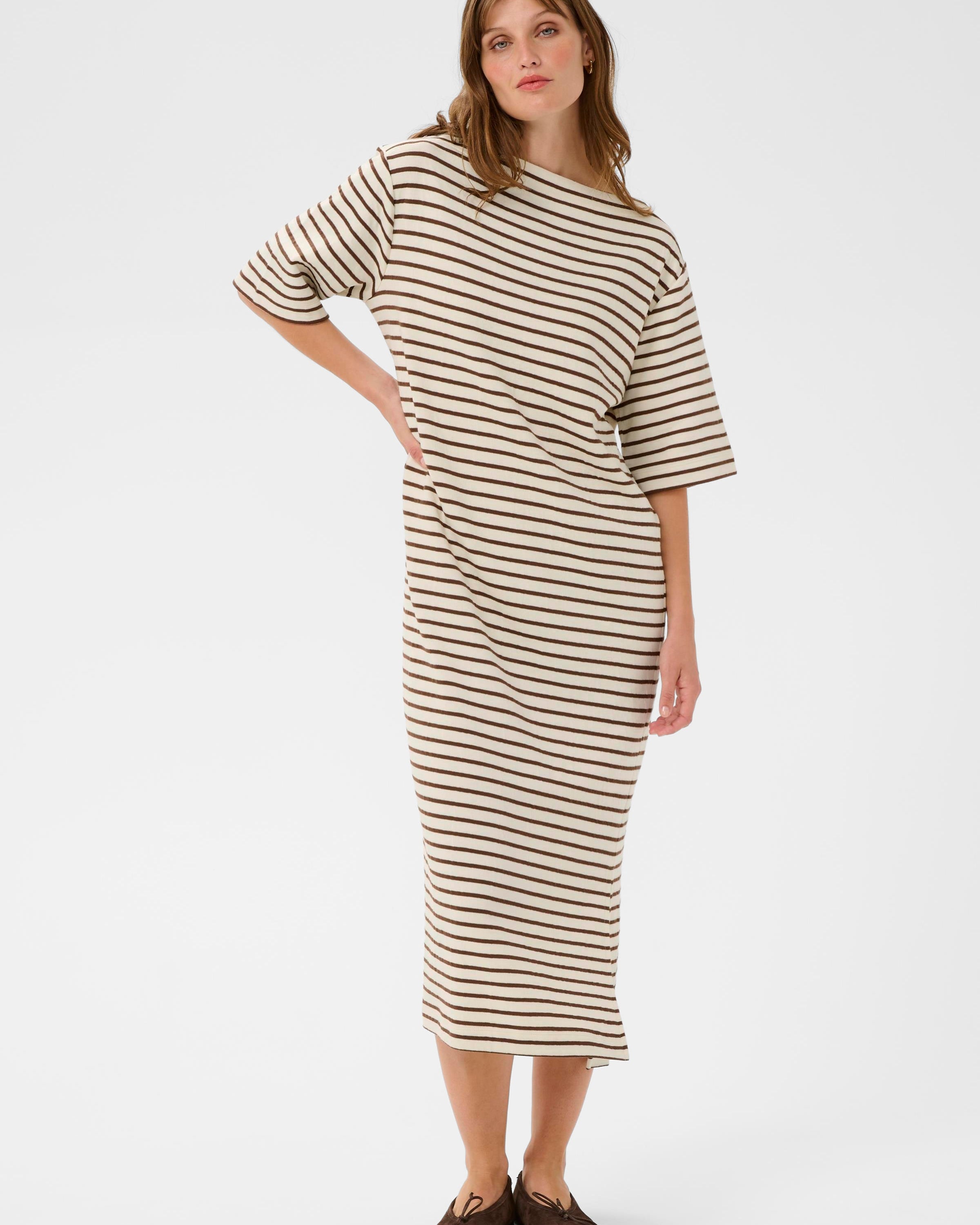 SOAKED INGINA BOATNECK DRESS - WHITE + BROWN STRIPES