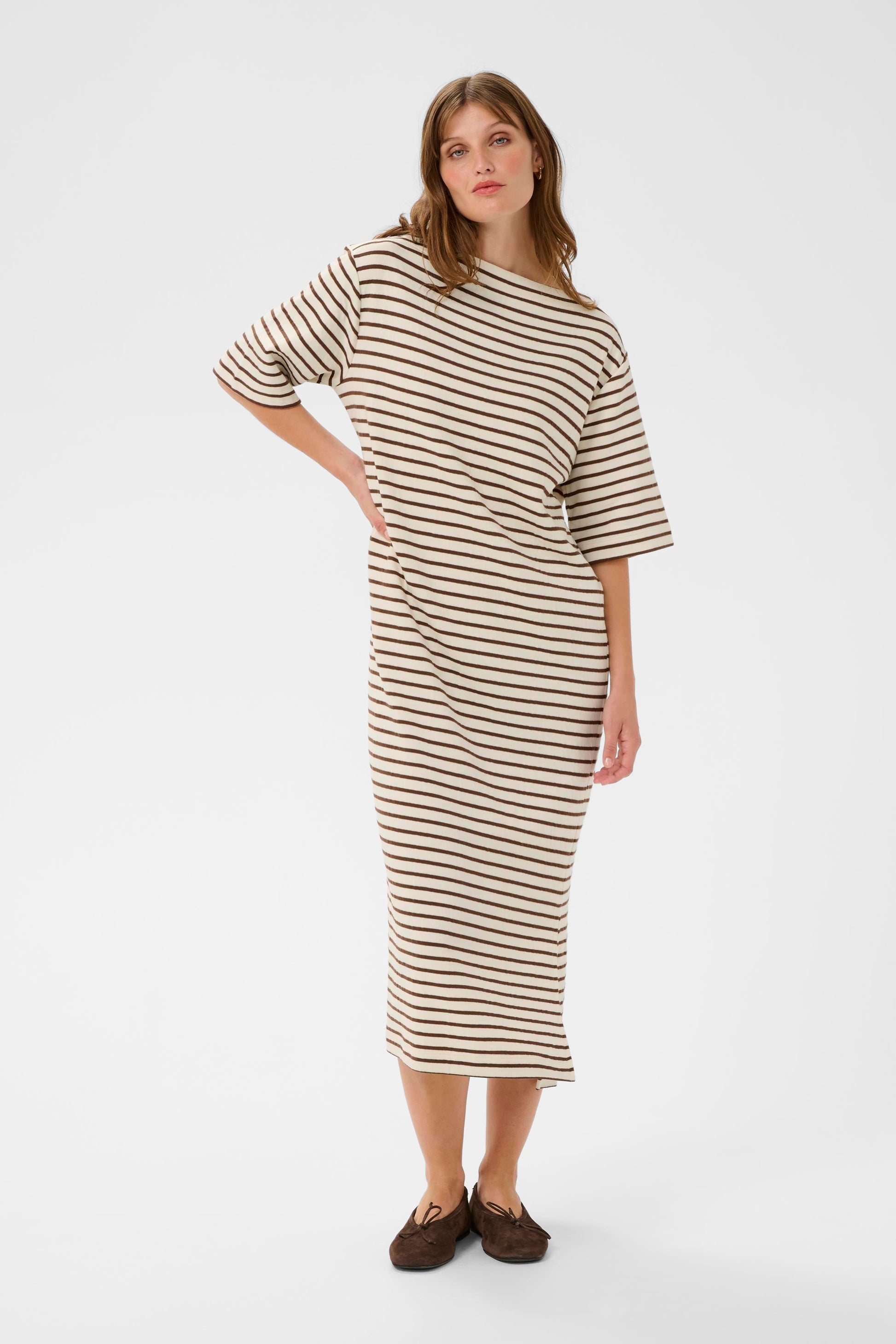 SOAKED INGINA BOATNECK DRESS - WHITE + BROWN STRIPES