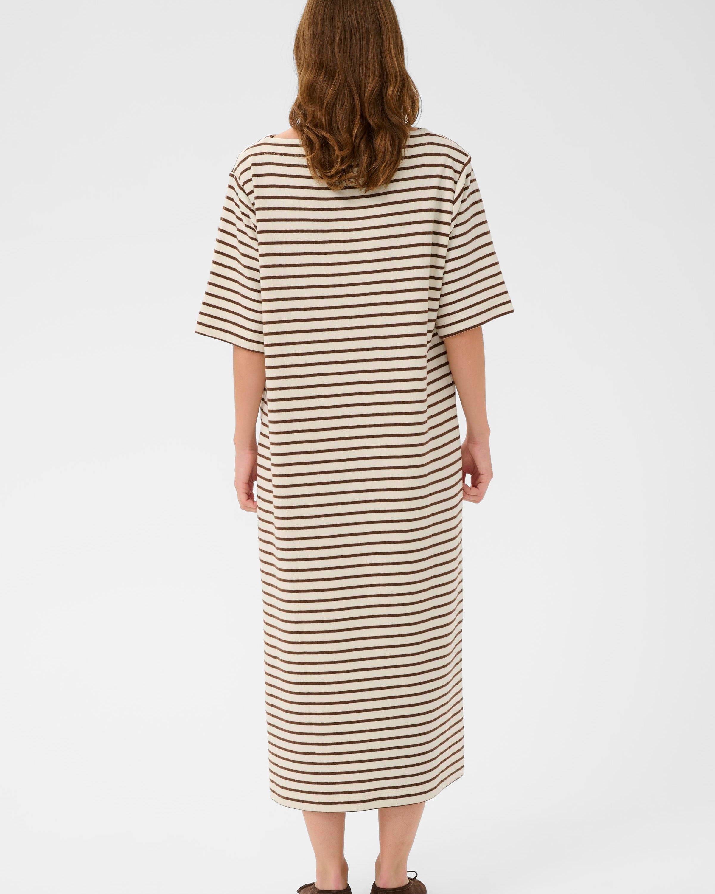 SOAKED INGINA BOATNECK DRESS - WHITE + BROWN STRIPES