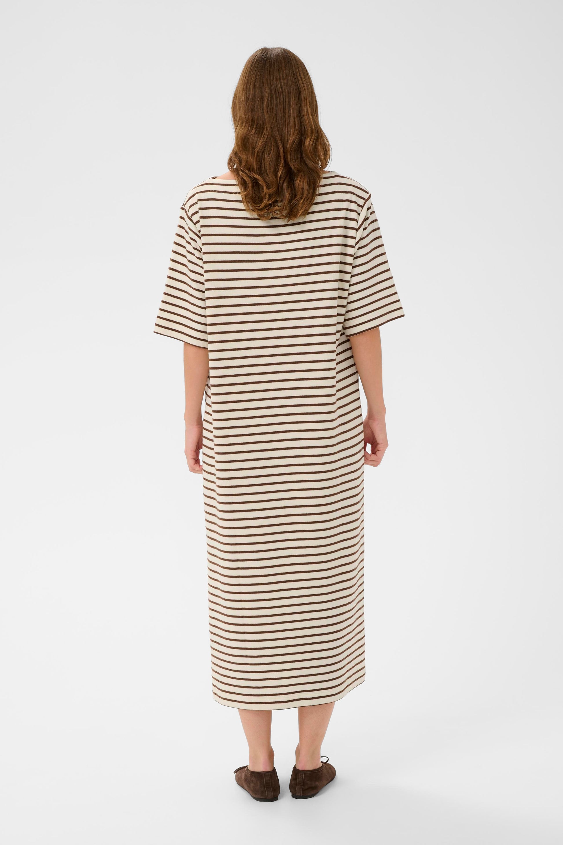 SOAKED INGINA BOATNECK DRESS - WHITE + BROWN STRIPES