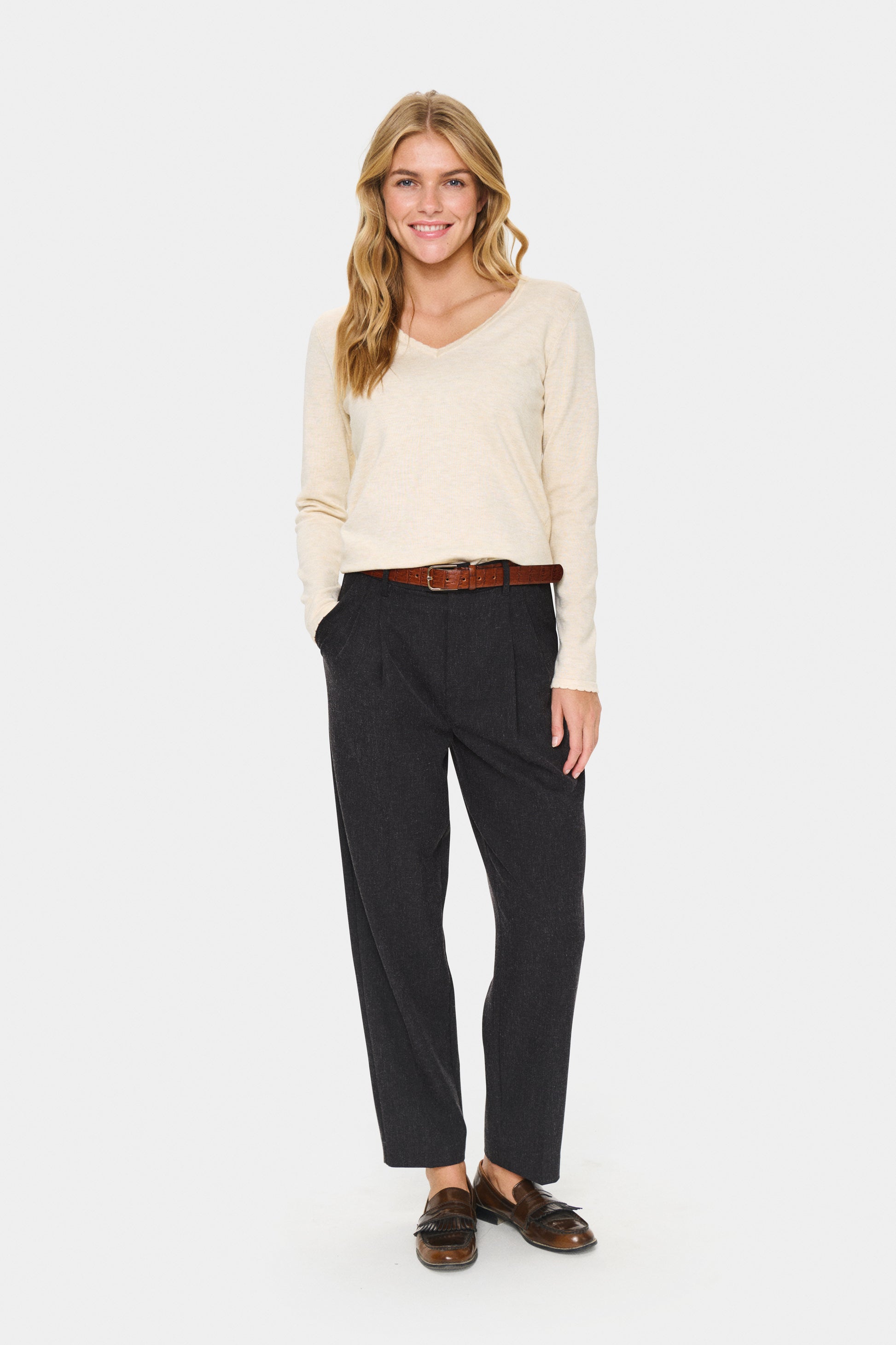 SAINT TROPEZ V NECK PULLOVER - BROWN RICE MELANGE