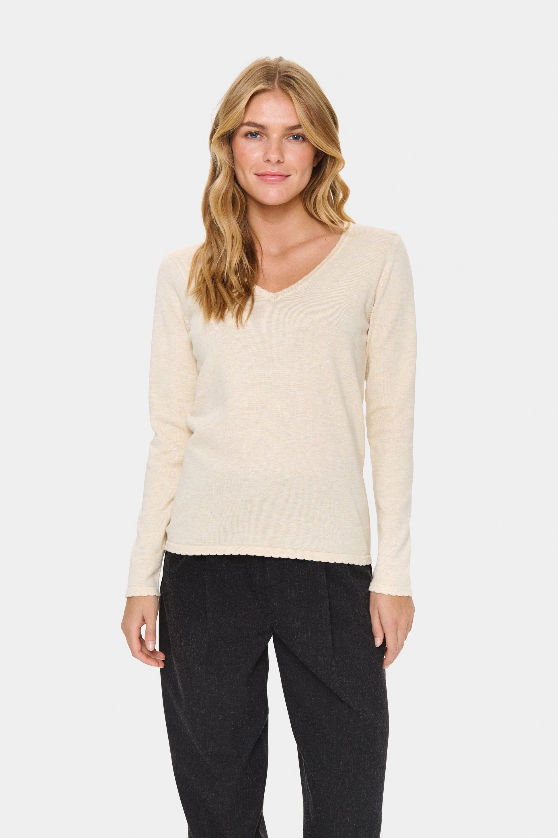 SAINT TROPEZ V NECK PULLOVER - BROWN RICE MELANGE