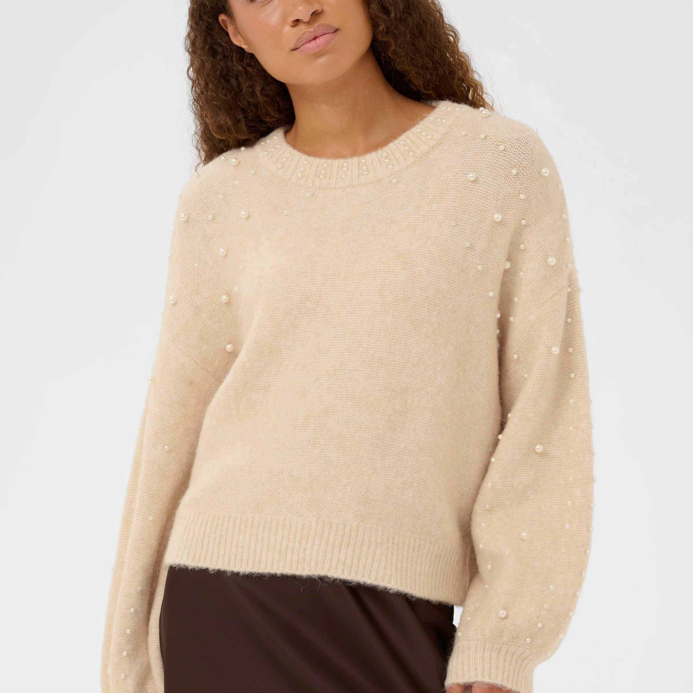 SAINT TROPEZ MADELEINE PEARL SWEATER - BROWN RICE MELANGE