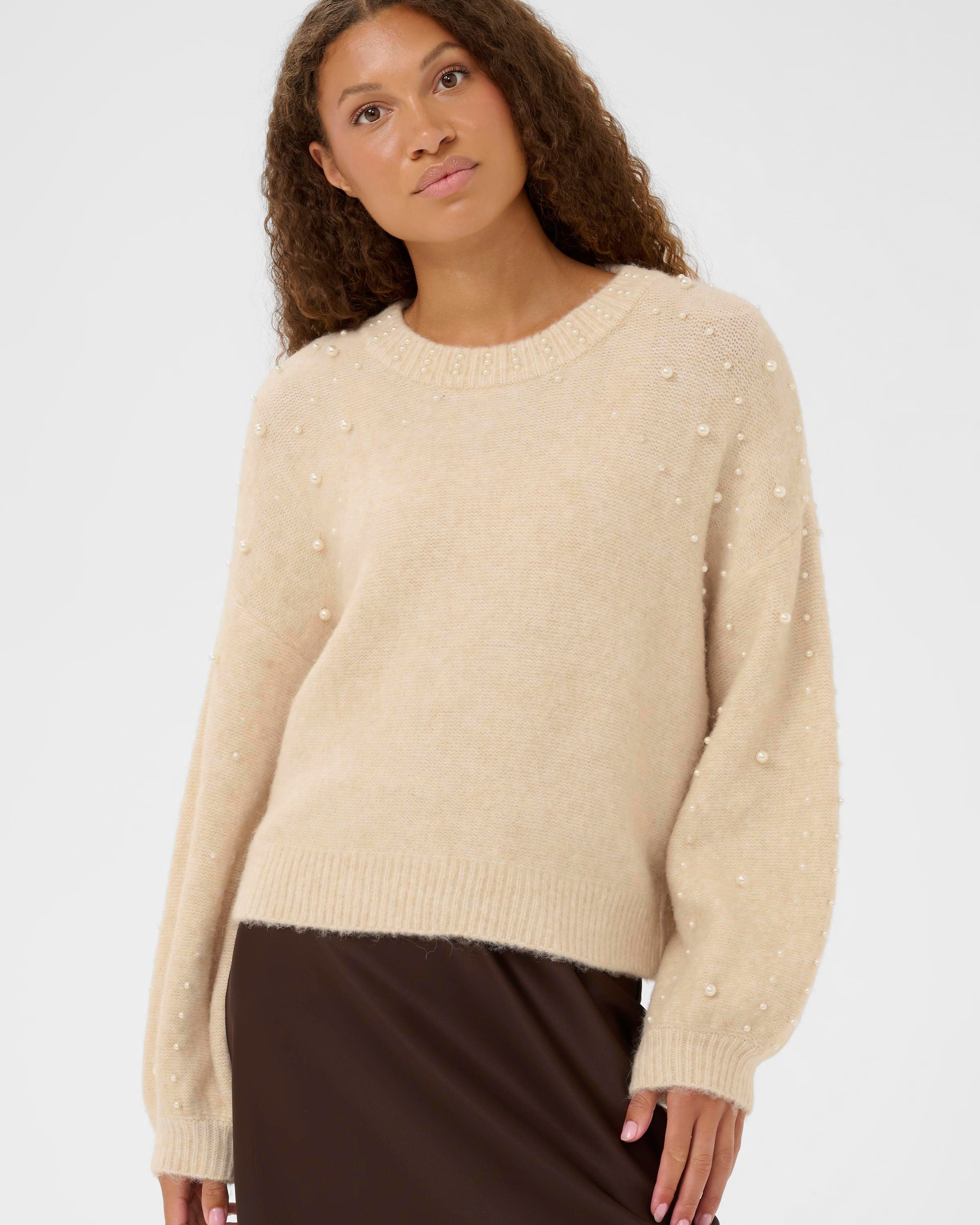 SAINT TROPEZ MADELEINE PEARL SWEATER - BROWN RICE MELANGE