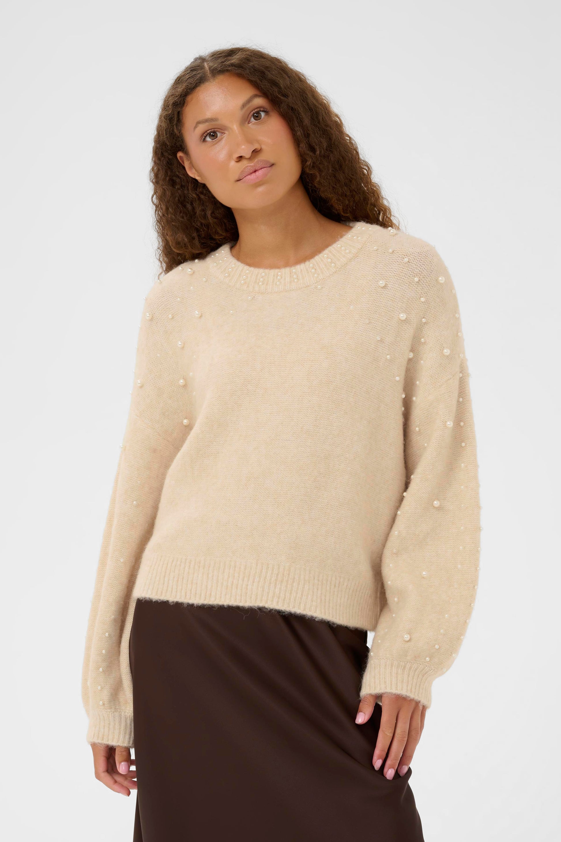 SAINT TROPEZ MADELEINE PEARL SWEATER - BROWN RICE MELANGE