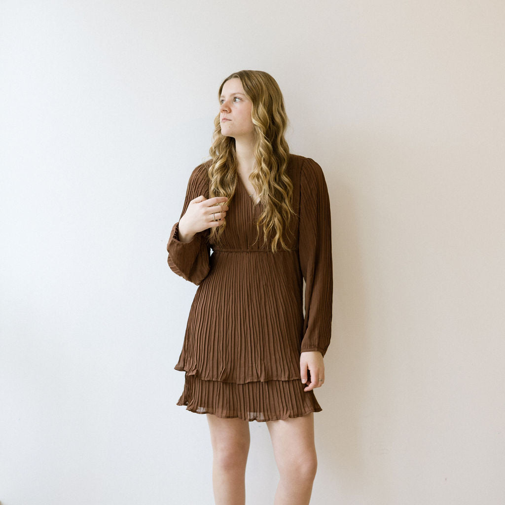 VM DORA V NECK LS DRESS - COCOA BROWN