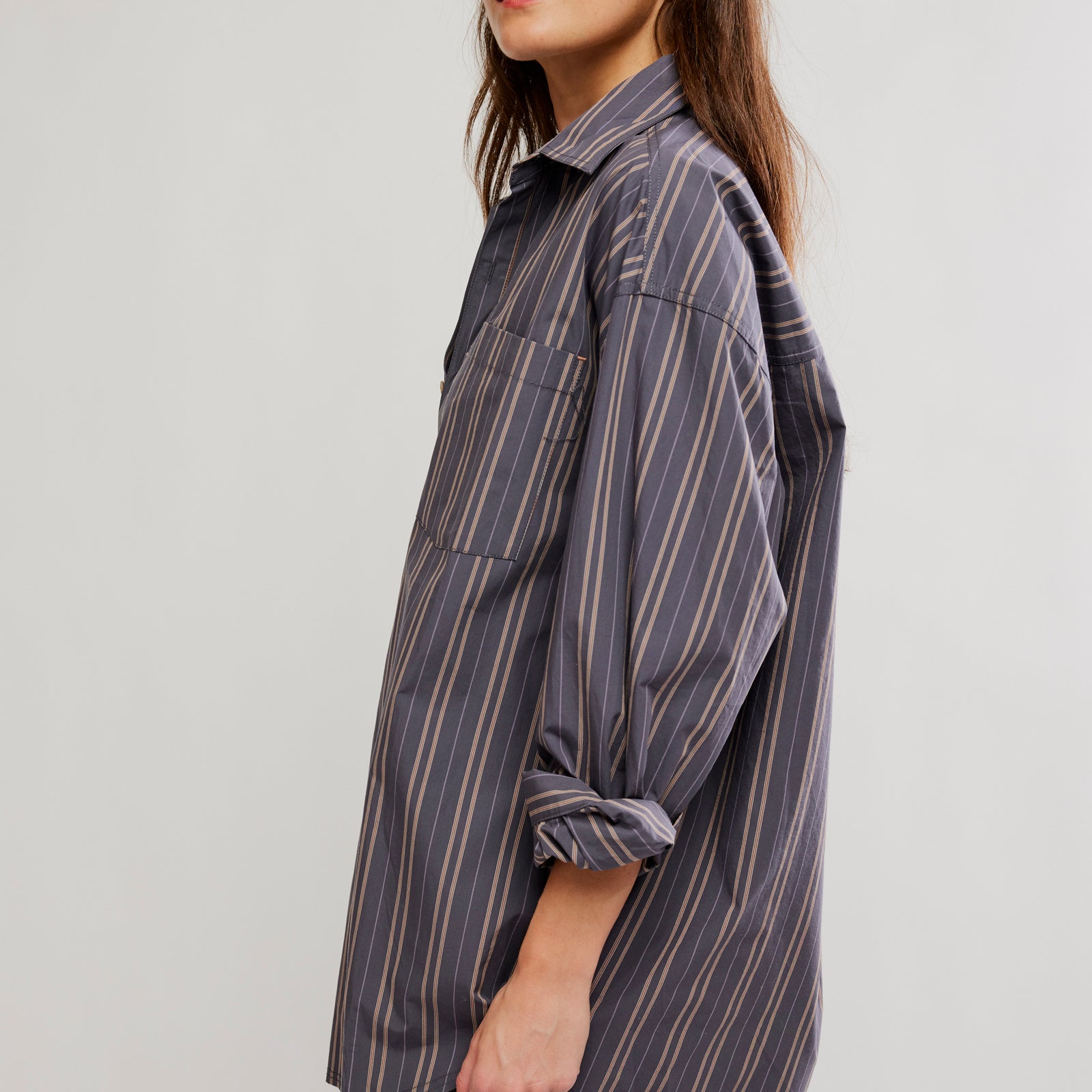 FREE PEOPLE FREDDIE STRIPED BUTTON DOWN SHIRT - GREY COMBO